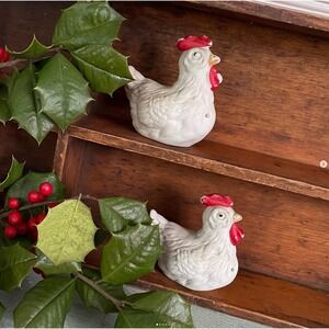 Vintage Salt Pepper Shakers Chickens Hen Rooster Ceramic Bisque White LIPCO Pair